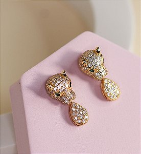 Brinco NAIARA cravejado em zirconia - leopardo com gota (dourado)