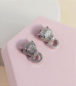 Brinco MAGNOLIA folheada leopardo folheada a prata cravejado com micro zirconias com arco (prata)