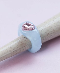 Anel ERIKA chunky de acetato azul, solitario rosa