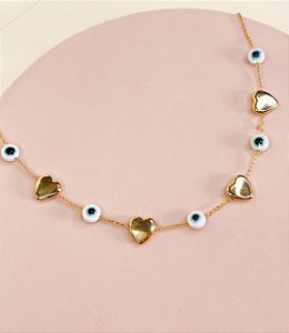 Choker KATE olho grego + coração folheada a ouro