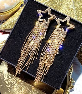 Brinco AVRIL estrela franjas strass premium dourado