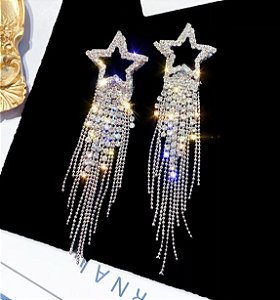 Brinco AVRIL estrela franjas strass premium prata