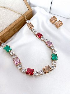 Conjunto CLEO colar e brinco pedra premium colors folheado a ouro