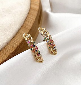 Brinco MOANA ear hook corrente com pedraria colorida folheada a ouro