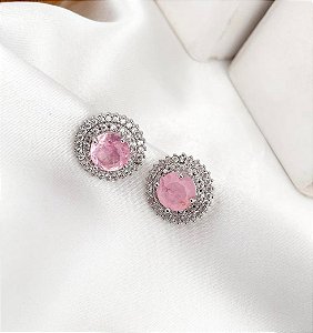 Brinco POLI mini pedra rosa banhada a prata com zirconias