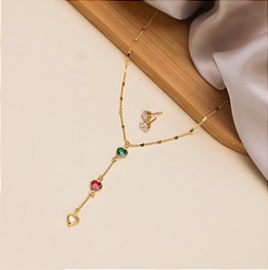 Conjunto BELA lariat 3 corações Colors folheada a ouro