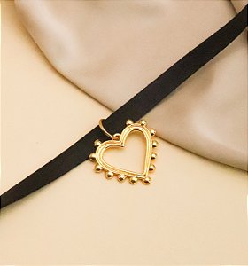 Choker MAG fita courino com pingente coração esferas bijoux