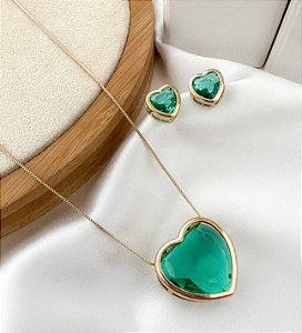 Conjunto LUCIANA colar e brinco folheada a ouro coração verde