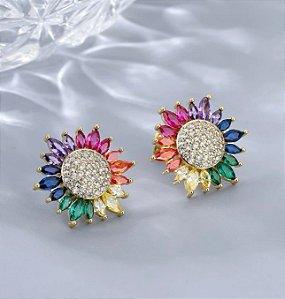 Brinco DIENE girassol em zirconia Colors folheada a ouro