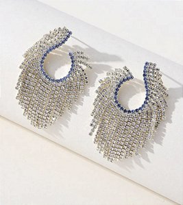 Brinco TRACE franjas strass premium prata com detalhe azul