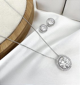 Conjunto POLI colar e brinco folheado a prata ponto de luz G cristal cravejado com zirconia