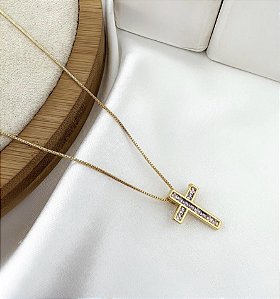 Colar RIANE cruz com navete rose folheada a ouro