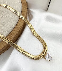 Colar YANDRA meia malha 10mm com ponto de luz  folheada a ouro