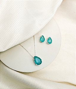 Conjunto TELMA colar e brinco folheado a prata ponto de luz zirconia azul turquesa