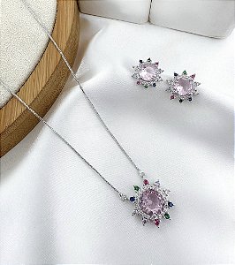 Conjunto KIRA colar e brinco folheada a prata sol rosa colors