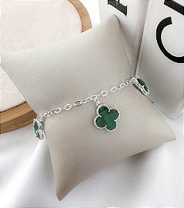 Pulseira DAVINA corrente pingente trevo VERDE folheada a prata