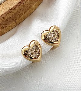 Argola CRISTAL coração cravejado em zirconia folheada a ouro