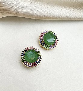 Brinco PAOLA pedra verde cravejado com microzirconias colors folheada a ouro