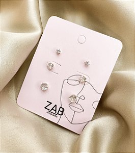 Trio de brincos AVILA ponto de zirconia  folheada a ouro
