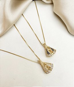 Colar Nossa senhora Aparecida dupla face cravejada com zirconia folheada a ouro