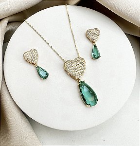 Conjunto RAIA colar e brinco cravejado com zirconia e pedra premium folheada a ouro