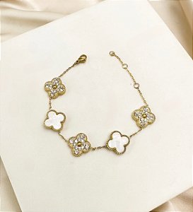 Pulseira VAN corrente pingente trevo madre pérola e strass premium folheada a ouro