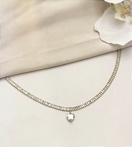 Choker TABITA navetas com pingente de coração de zirconia folheada a ouro