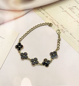 Pulseira VENUS corrente trevo esmaltado PRETO Folheada A Ouro