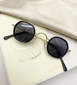 Oculos DANIELA octogonal armação preto + dourada metálica