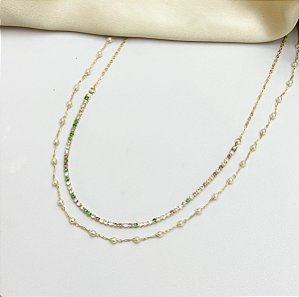 Colar AURORA duplo pérolas e zirconia colors folheada a ouro