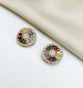 Brinco DAMARES pizza P cravejada com zirconia navete COLORS folheada a ouro