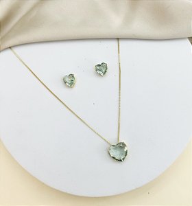 Conjunto WANESSA colar e brinco coração cravejado zirconia verde água folheada a ouro
