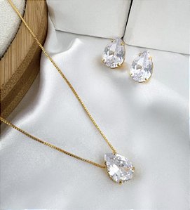 Conjunto SORAIA colar e brinco gota de zirconia folheada a ouro
