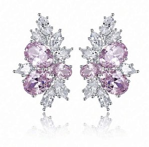 Brinco TENIZA folhagem cravejado com zirconia cristal e rosa folheada a prata