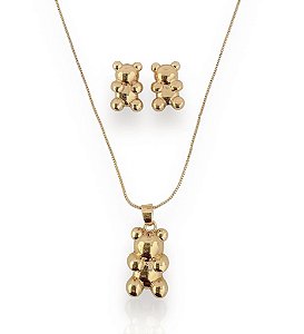 Conjunto TED colar e brinco ursinho folheado a ouro