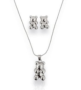 Conjunto TED colar e brinco ursinho folheado a prata