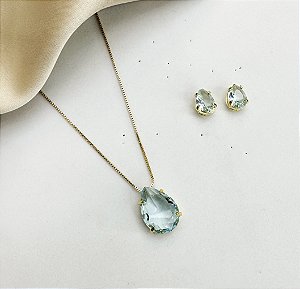 Conjunto ADORE colar veneziana PEDRA AZUL AGUA folheada a ouro