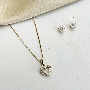 Conjunto PAMELA colar veneziana coração cravejado com microzirconias folheada a ouro