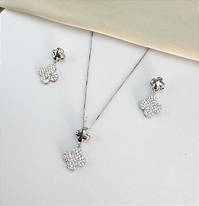 Conjunto DRAKE colar veneziana trevo cravejado folheada a prata