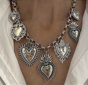 Colar KANSAS mix corações boho prateado