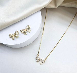 Conjunto LIDOIA colar e brinco cravejado zirconia folheada a ouro