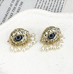 Brinco EGYPT olho AZUL com pérolas folheada a ouro