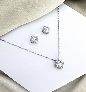 Conjunto SHILON colar veneziana trevo cravejado folheada a prata