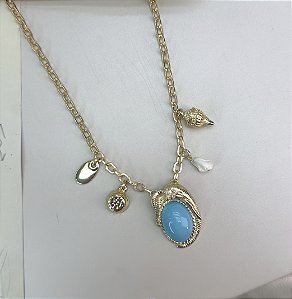 Colar VIRNA longuinho max charms azul turquesa folheado a ouro