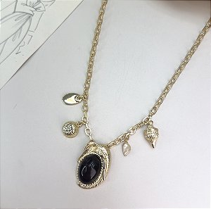 Colar VIRNA longuinho max charms preto folheado a ouro
