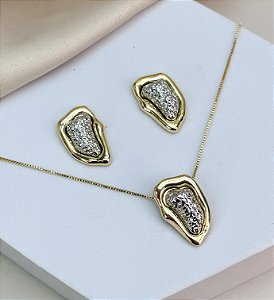 Conjunto PILAR colar oval TEXTURIZADO folheada a ouro