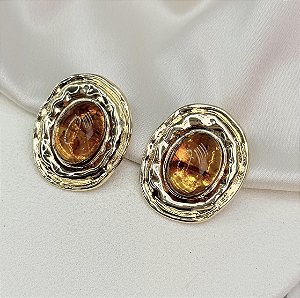 Brinco CHAJA organico pedra CARAMELO folheada a ouro