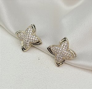 Brinco REMINI trevo cravejado de zirconia CRISTAL folheado a OURO