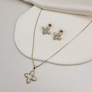 Conjunto JAM colar e brinco cravejado zirconia folheada a ouro