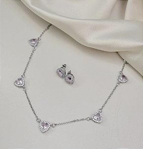 Conjunto FLAN coração cravejado ROSA folheado a prata